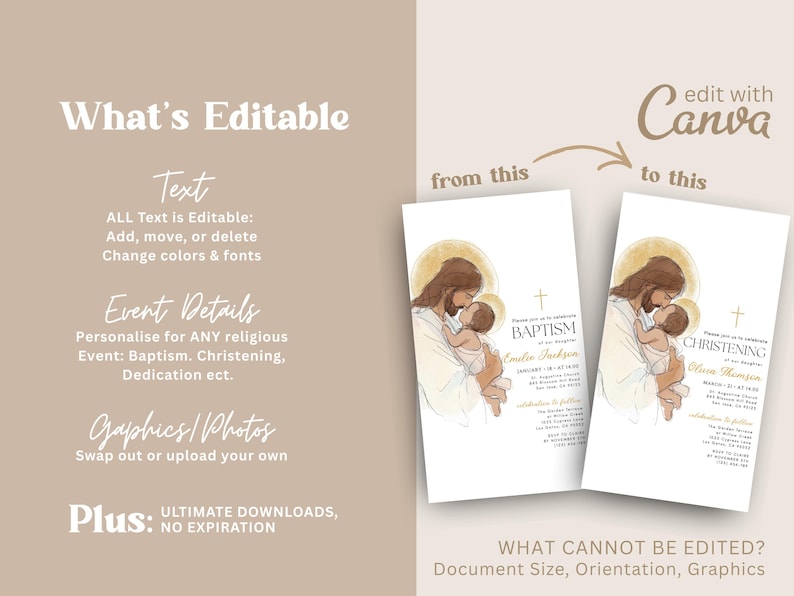 Pu&ograve; includere: Modelli di invito per battesimo e cresima. Il design presenta un'illustrazione di Ges&ugrave; che tiene in braccio un bambino. Il testo &egrave; modificabile, consentendo la personalizzazione dei dettagli dell'evento. &Egrave; incluso anche il logo Canva.