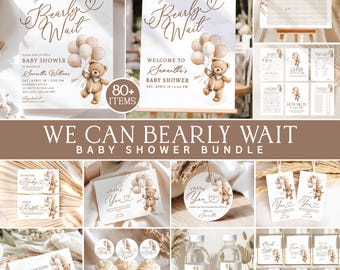 Bearly Wait Baby Shower Bundle, Teddy Bear Baby Shower Games, Baby Shower Game Bundle, Neutral Teddy Bear, 80+ Editable Canva Templates