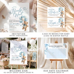 May include: A collection of baby shower stationery featuring a teddy bear and blue balloons. Includes an invitation, welcome sign, due date calendar, and raffle cards. The invitation is 5x7 inches.