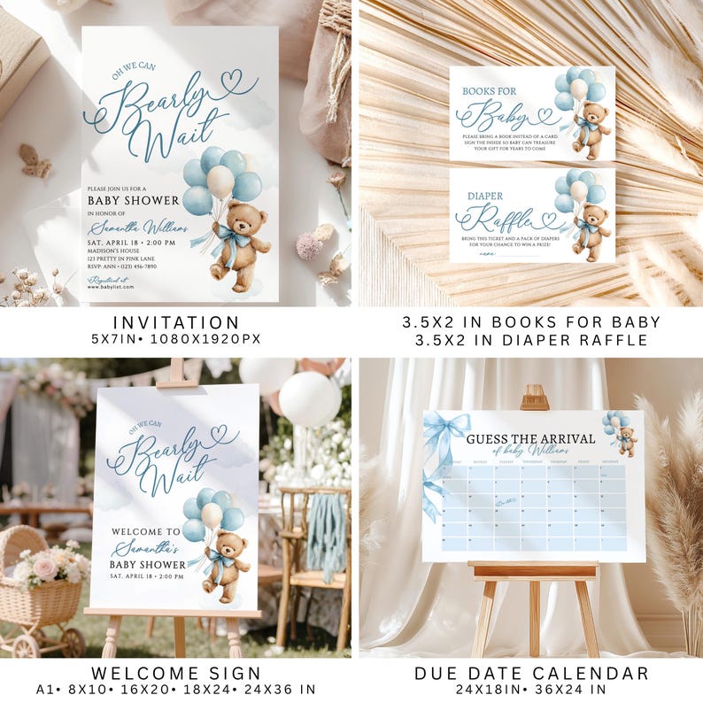 May include: A collection of baby shower stationery featuring a teddy bear and blue balloons. Includes an invitation, welcome sign, due date calendar, and raffle cards. The invitation is 5x7 inches.