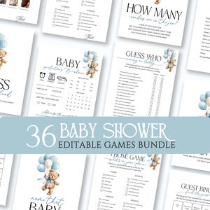 Peut inclure: Ensemble de jeux de baby shower sur papier blanc, avec un ours en peluche avec des ballons bleus. Les jeux incluent "Devinez la nourriture pour bébé", "Prédictions bébé" et "Devinez qui". L'ensemble est intitulé "36 Baby Shower Editable Games Bundle."