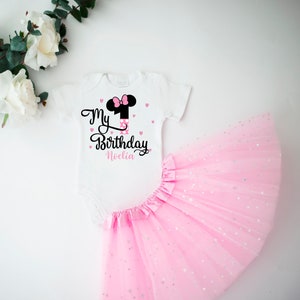 Personalized 1st Birthday Outfit Girl: Minnie Mouse Bodysuit & Pink Tutu