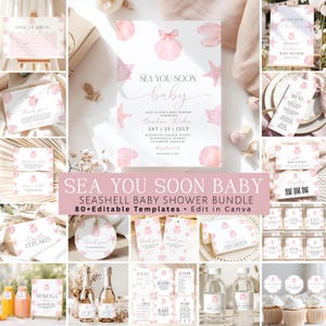 Sea You Soon Baby Shower Bundle, Invitation & Games, Pink Seashell Signs, Editable Canva Templates
