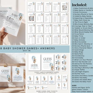 May include: A collection of baby shower games and signs, including "Guess the Baby Food" and "Who Knows Mommy Best?" The designs feature a teddy bear with blue balloons. The set includes 38 games and answers, with sizes of 5x7 inches.