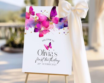 Butterfly Birthday Welcome Sign, Pink Purple Floral Decor (Editable Canva, Instant Download)