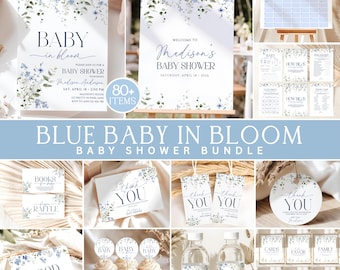 Blue Baby in Bloom Baby Shower Bundle, Canva Template Invitation Games Signs Decor, Boy Floral Shower, Instant Download