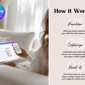 Pode incluir: Um laptop e um smartphone exibindo um design de modelo. A tela do laptop mostra um design com v&aacute;rias imagens. O smartphone exibe um design semelhante. O texto na imagem inclui "Edit in Canva" e "How it Works?"