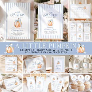 Paquete de baby shower "Una pequeña calabaza", "Una pequeña calabaza está en camino", baby shower de otoño para niño azul, más de 80 plantillas editables de Canva