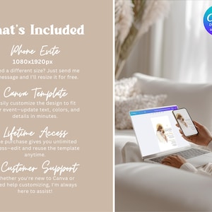 Pu&ograve; includere: Un laptop e uno smartphone che mostrano un modello di design. L'immagine include il testo: "What's Included", "Phone Evite", "Canva Template", "Lifetime Access" e "Customer Support". Una grafica circolare recita "Edit in Canva Desktop or Phone".