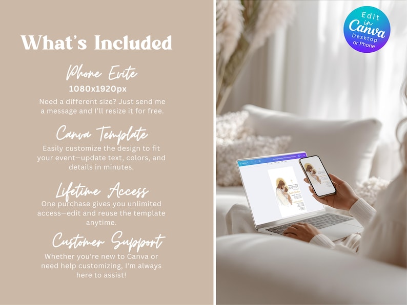 Pu&ograve; includere: Un laptop e uno smartphone che mostrano un modello di design. L'immagine include il testo: "What's Included", "Phone Evite", "Canva Template", "Lifetime Access" e "Customer Support". Una grafica circolare recita "Edit in Canva Desktop or Phone".