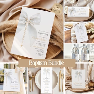 Baptism Invitation Bundle, Christening Decor Set, Editable Canva 25BA04