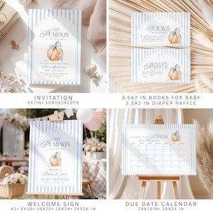 Puede incluir: Un set de papeler&iacute;a para baby shower con patr&oacute;n de rayas azul claro e ilustraciones de calabazas en acuarela. Incluye invitaci&oacute;n, tarjetas para libros, tarjeta de rifa de pa&ntilde;ales, letrero de bienvenida y calendario de fechas.