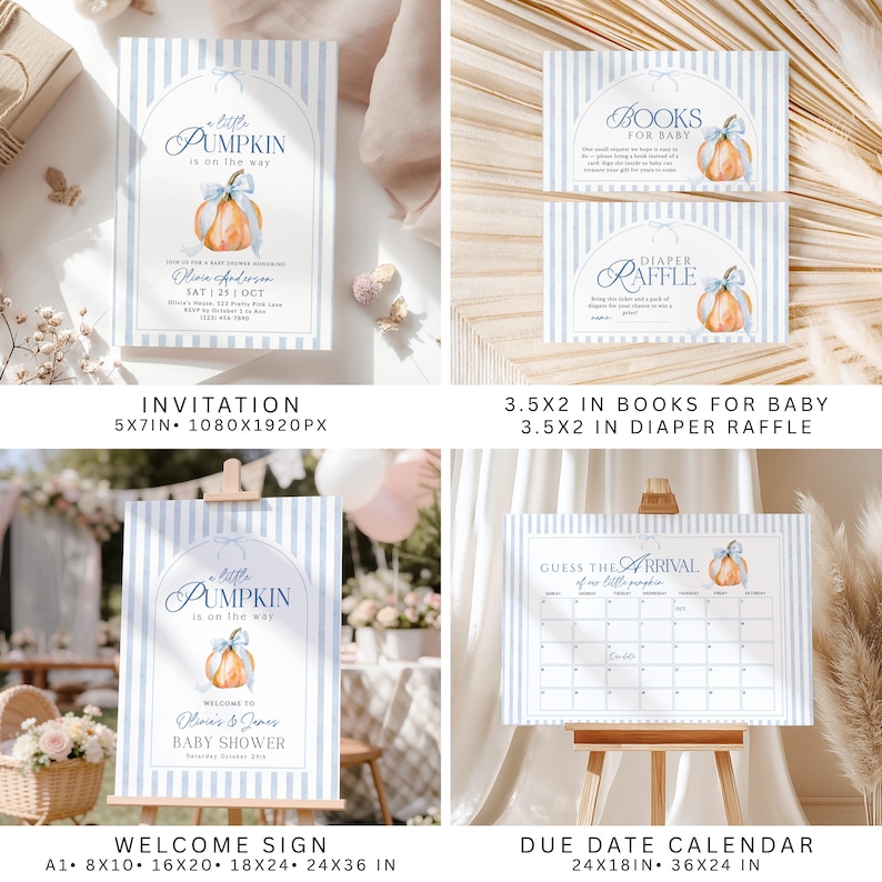 Puede incluir: Un set de papeler&iacute;a para baby shower con patr&oacute;n de rayas azul claro e ilustraciones de calabazas en acuarela. Incluye invitaci&oacute;n, tarjetas para libros, tarjeta de rifa de pa&ntilde;ales, letrero de bienvenida y calendario de fechas.