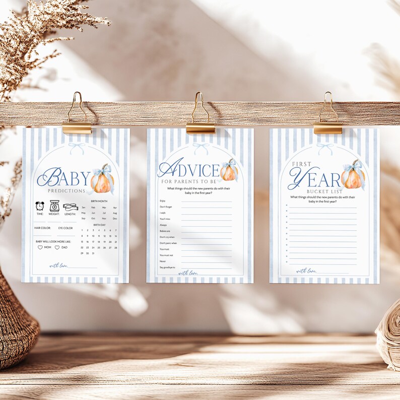 Little Pumpkin baby shower games with blue bow pumpkin and striped design, printable fall baby shower activities for a baby boy celebration.