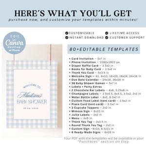 Blue Gingham Baby Shower Invitation Bundle, 80+ Editable Canva Templates, Boy Shower Printable Games Signs Decor Kit image 2
