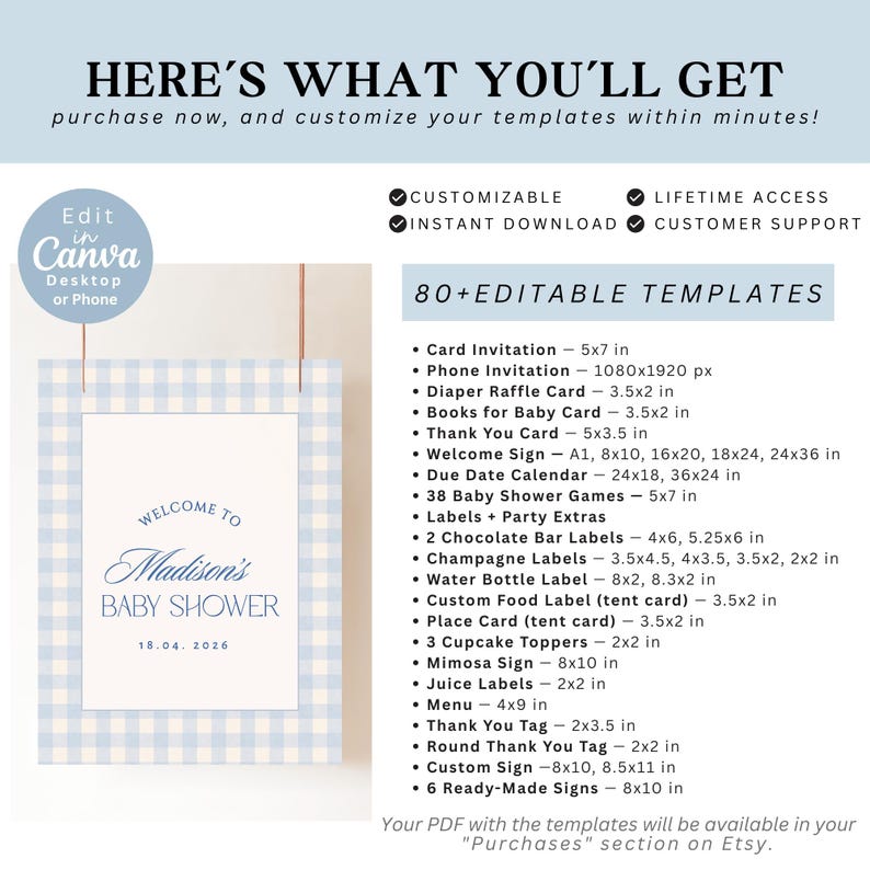 Blue Gingham Baby Shower Invitation Bundle, 80+ Editable Canva Templates, Boy Shower Printable Games Signs Decor Kit image 2