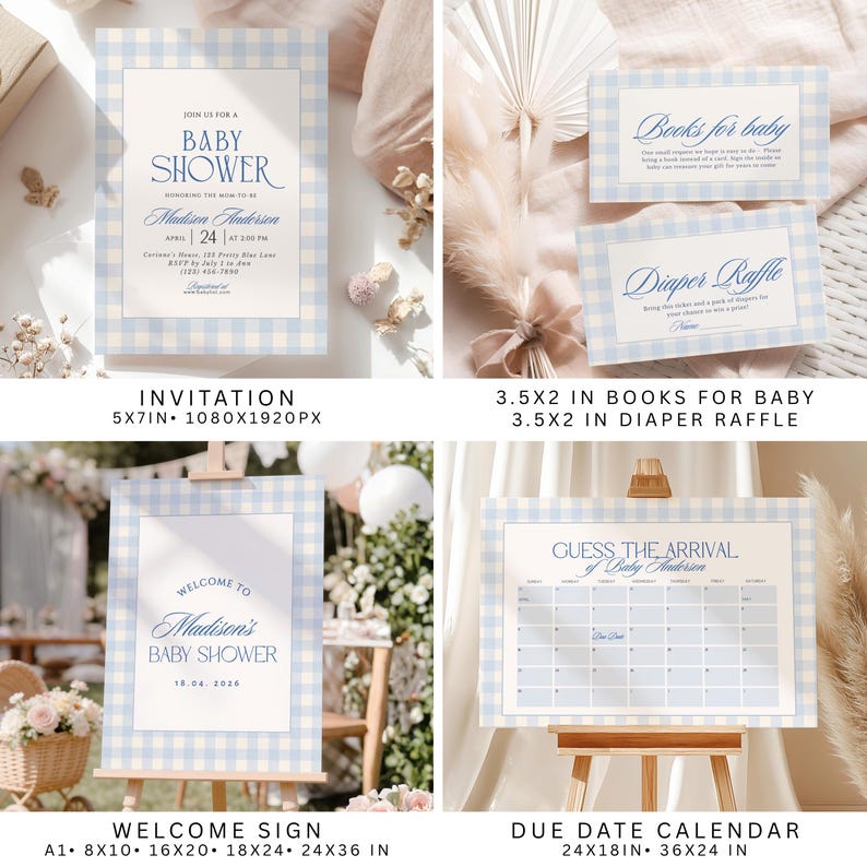 May include: A set of baby shower stationery featuring a light blue and white gingham border. Items include a 5x7 inch invitation, 3.5x2 inch books for baby and diaper raffle cards, an 8x10 to 36x24 inch welcome sign, and a 24x18 to 36x24 inch due date calendar.