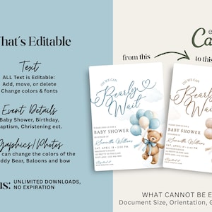May include: Baby shower invitation design with the text "Oh We Can Bearly Wait". The invitation features a teddy bear holding balloons. The design is editable with Canva, allowing customization of text, colors, and fonts.