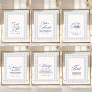 Blue gingham baby shower signs bundle featuring cards and gifts, take a favor, don’t say baby, family traditions, message from the bump and guest book signs.