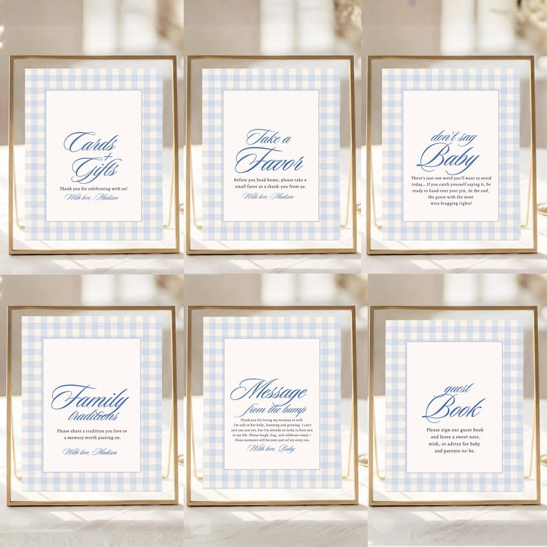 Blue gingham baby shower signs bundle featuring cards and gifts, take a favor, don’t say baby, family traditions, message from the bump and guest book signs.