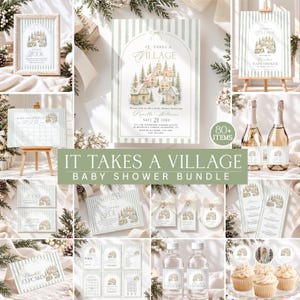Könnte beinhalten: Ein Babyparty-Papeterie-Set mit einer Dorf-Illustration und salbeigrünen Streifen. Enthält Einladungen, Schilder, Anhänger und Menükarten mit dem Text It Takes A Village sowie Veranstaltungsdetails auf weißem Papier.