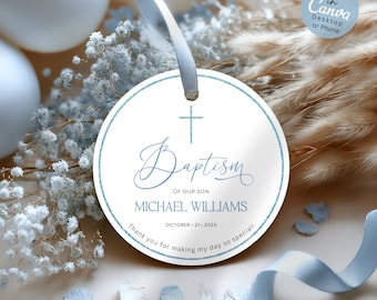 Blue Round Baptism Favor Tag, Editable Canva Template (Digital Download)