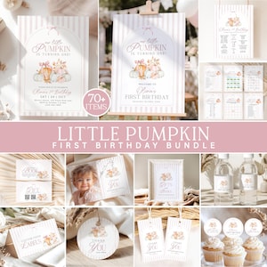 May include: A collection of party stationery featuring a pink and white striped theme with watercolour pumpkin illustrations. Items include birthday invitations, welcome signs, thank you cards, cupcake toppers, water bottle labels, and game cards.