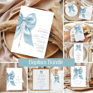 Junge Taufe Dekor Paket, Blaue Schleife, bearbeitbare Vorlagen (Canva) 25BA05