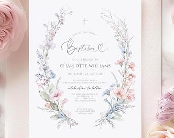 May include: A baptism invitation with a floral wreath design. The invitation features the word "Baptism" in elegant script, the name "Charlotte Williams", and event details. The wreath includes pink, blue, and purple flowers and greenery.
