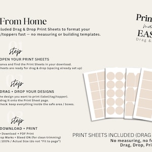 Puede incluir: Un gr&aacute;fico digital titulado Print From Home, Printing made EASY, Drag & Drop. Describe tres pasos para usar hojas de impresi&oacute;n, incluyendo abrir archivos, arrastrar dise&ntilde;os e imprimir. Se muestran cuatro hojas de plantilla de color beige.