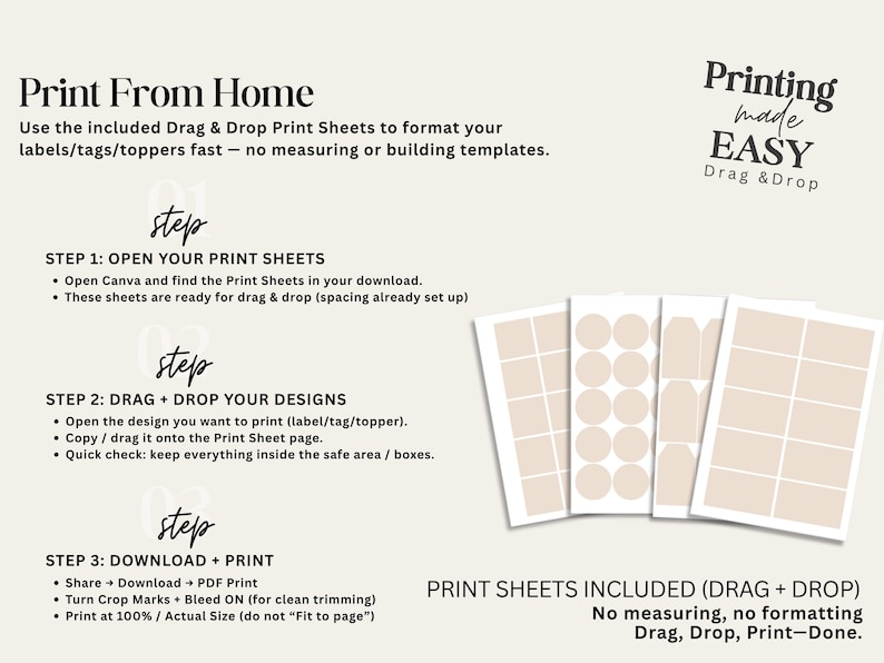 Puede incluir: Un gr&aacute;fico digital titulado Print From Home, Printing made EASY, Drag & Drop. Describe tres pasos para usar hojas de impresi&oacute;n, incluyendo abrir archivos, arrastrar dise&ntilde;os e imprimir. Se muestran cuatro hojas de plantilla de color beige.