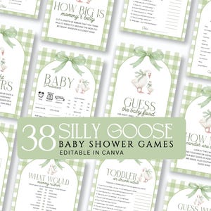 May include: A collection of baby shower games with a whimsical goose theme. The games feature a green and white gingham background, decorative bows, and illustrations of geese. The text reads "38 Silly Goose Baby Shower Games Editable in Canva."
