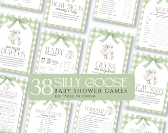 Silly Goose Baby Shower Games, Sage Green Gingham Games, Would Mommy Rather, 38 Printable Editable Canva Games