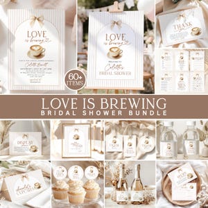 Love Is Brewing Bridal Shower Bundle, Coffee Bridal Shower Invitation Set, Games, Signs & Decor, 60+ Editable Canva Templates