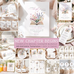 May include: A bridal shower stationery bundle featuring a floral book illustration with lavender and wildflowers. Includes invitations, menus, thank you cards, signs, and game templates with the text A New Chapter Begins and editable details.