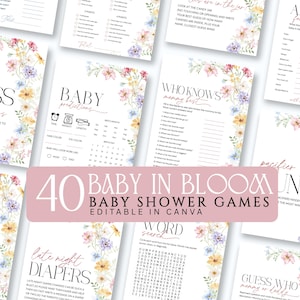 May include: A collection of forty baby shower game cards featuring floral watercolor illustrations in pink, yellow, and purple. Each card includes black text with titles like Guess the Sweet Mess, Baby Predictions, and Who Knows Mommy Best.