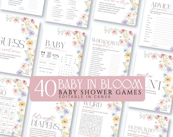 Baby in Bloom Baby Shower Games Bundle, Wildflower Baby Shower Games, Editable Canva, Printable Floral Game Pack