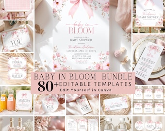 Baby in Bloom Baby Shower Invitation Bundle, Floral Wildflower Baby Shower Decorations, Baby Shower Game Bundle Floral, Pink Bow Coquette