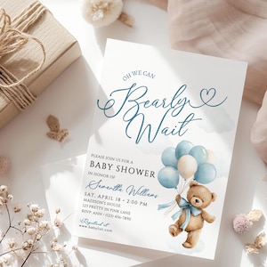 We Can Bearly Wait baby shower invitation boy, blue teddy bear balloon watercolour design, editable Canva template, instant download