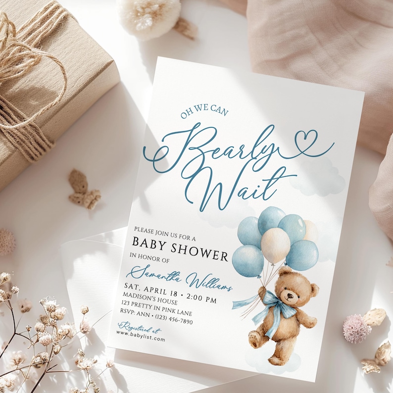 We Can Bearly Wait baby shower invitation boy, blue teddy bear balloon watercolour design, editable Canva template, instant download