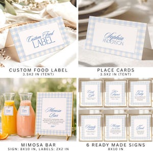 May include: A collection of event stationery featuring a light blue and white gingham border. Includes tented food labels and place cards measuring 3.5x2 inches, an 8x10 inch Mimosa Bar sign, 2x2 inch labels, and six 8x10 inch ready-made event signs.