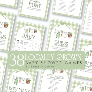 May include: A collection of baby shower games with a green gingham background. Each card features a unique game, such as "Baby Predictions" and "Guess the Sweet Mess." The cards are decorated with illustrations of baby clothes and carrots. The text "38 Locally Grown Baby Shower Games" is displayed.