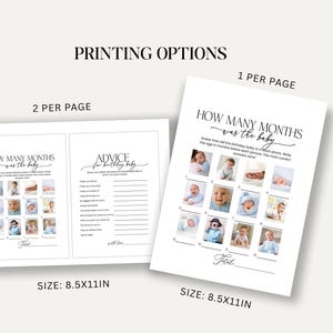 Pode incluir: Duas folhas brancas de jogo de ch&aacute; de beb&eacute; com o texto "How Many Months was the baby" e "Advice for birthday baby". As folhas medem 21,59 cm x 27,94 cm. O texto "Printing Options" est&aacute; no topo.