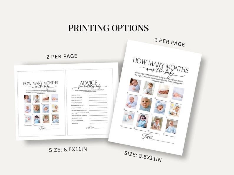 Pode incluir: Duas folhas brancas de jogo de ch&aacute; de beb&eacute; com o texto "How Many Months was the baby" e "Advice for birthday baby". As folhas medem 21,59 cm x 27,94 cm. O texto "Printing Options" est&aacute; no topo.