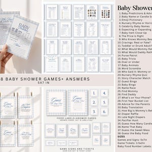 May include: A collection of 38 baby shower games and answer cards featuring a blue and white gingham border. The set includes various activity sheets, food labels, and tickets with printed text, measuring 5x7 inches for games and signs.