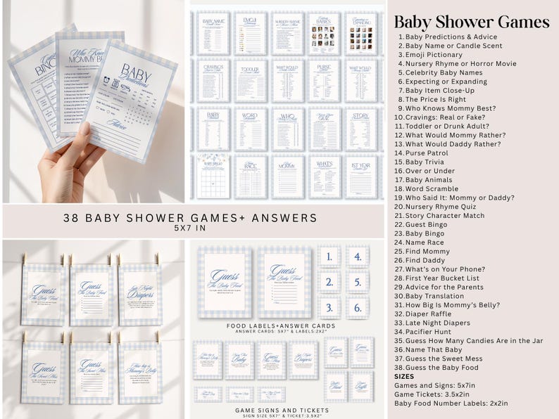 May include: A collection of 38 baby shower games and answer cards featuring a blue and white gingham border. The set includes various activity sheets, food labels, and tickets with printed text, measuring 5x7 inches for games and signs.