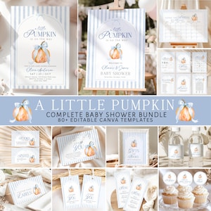 Little Pumpkin Baby Shower Bundle, Blue Bow Boy Fall Baby Shower Invitation, 80+ Editable Canva Templates, Games, Signs & Decorations