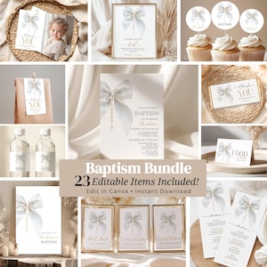 Baptism Invitation Bundle, Christening Invitation & Decor, Editable Printable Templates