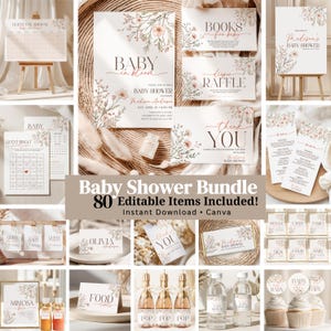 Paquete editable de Baby Shower en Canva: Invitación floral bohemia "Baby in Bloom" + Juegos + Letreros + Insertos / Descarga instantánea