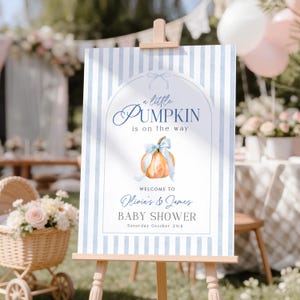 Blue pumpkin baby shower welcome sign with watercolor pumpkin and blue ribbon, editable Little Pumpkin fall baby shower decoration for a boy.